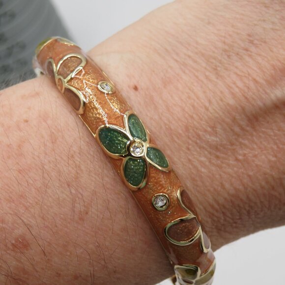 Cloisonne Style Enamel Rhinestone Gold Tone Bangle Bracelet - Picture 2 of 7